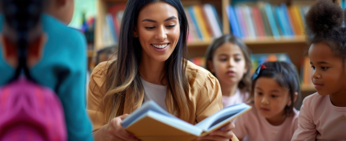 mujer leyendo en una biblioteca un libro a niños